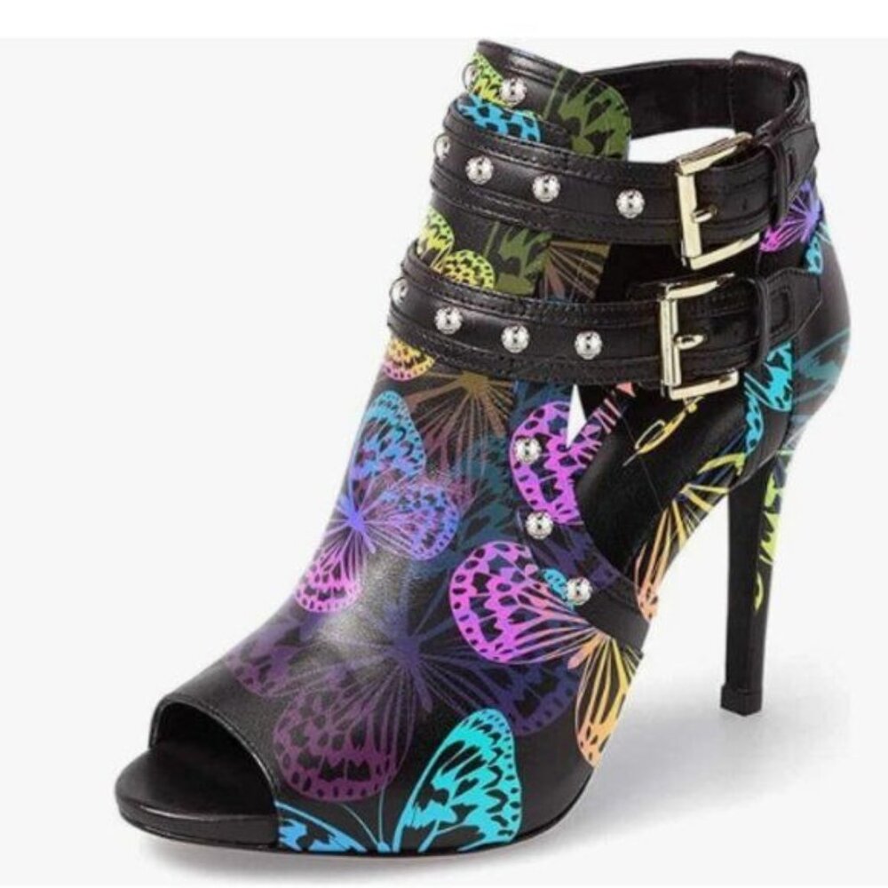 XYD Women's Black Ankle Booties with Multicolor Butterfly Print